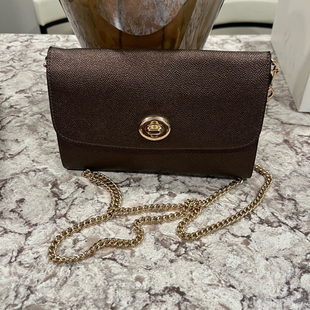 Coach Dark Brown Leather Clutch with Gold Chain